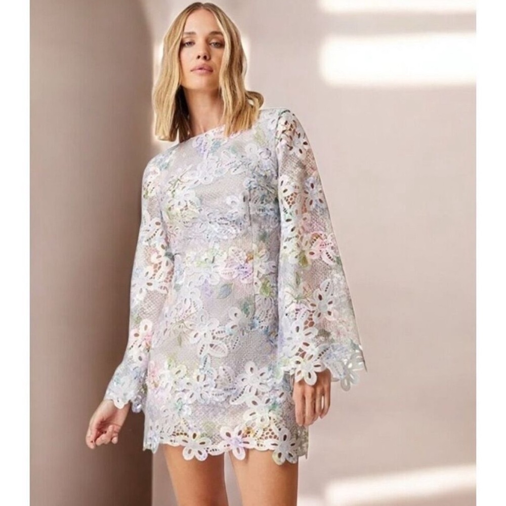 elliatt jacinta taupe floral lace embroidered long sleeve mini dress small NEW - Picture 5 of 9